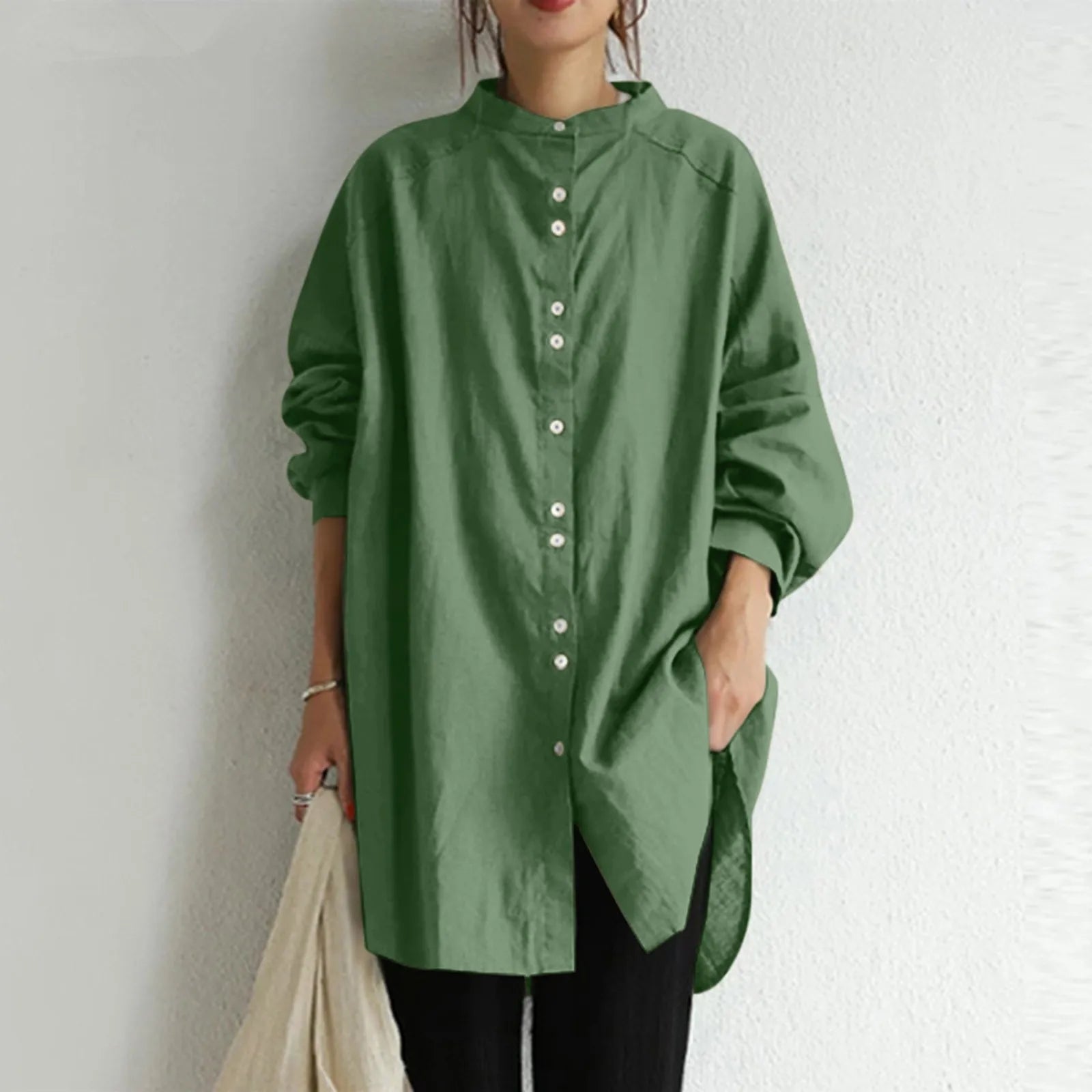 Women Casual Vintage Solid Shirt Tunics 2024 Summer Button Loose Chic Cardigan Office Lady Long Sleeve Cotton Linen Blouse