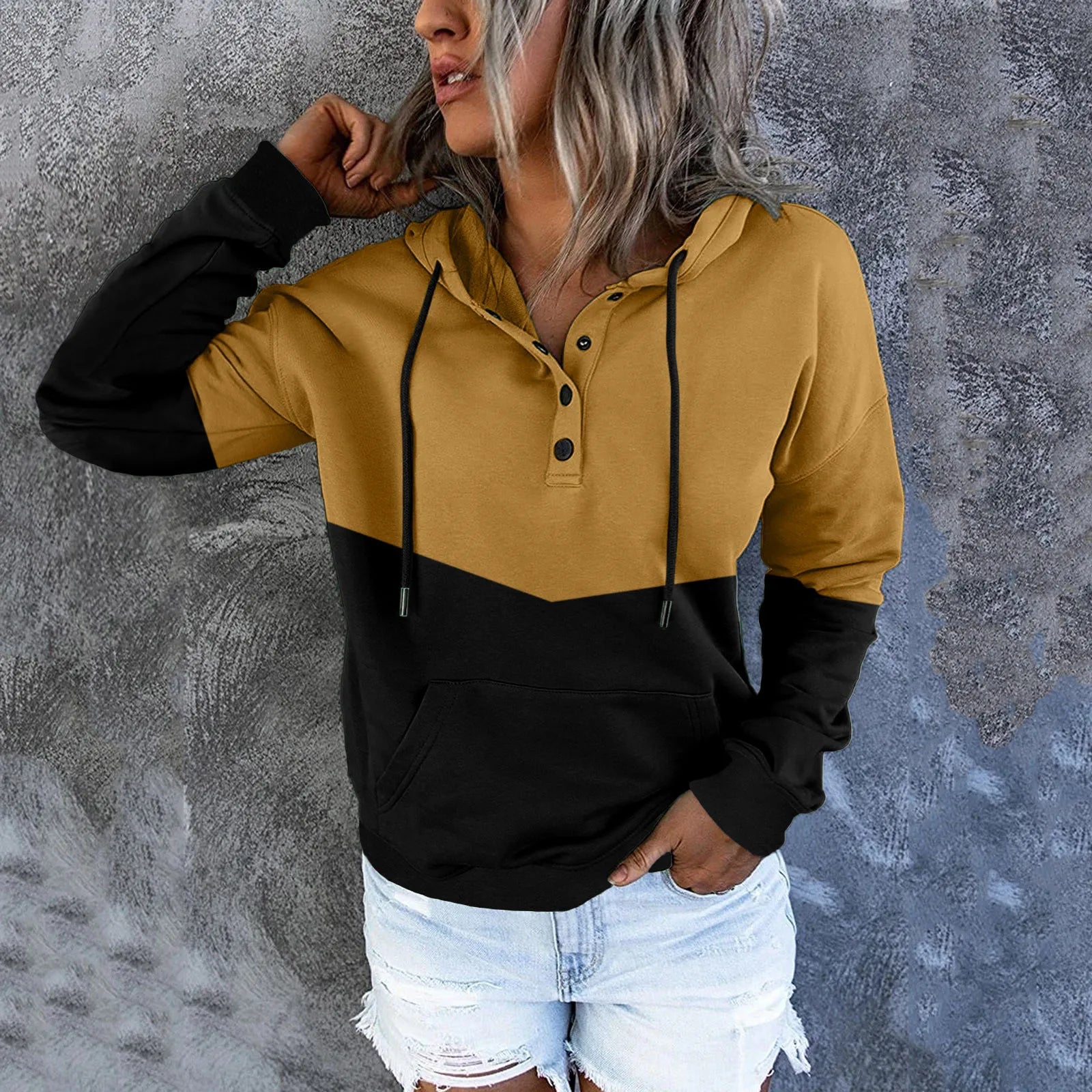 Fashion Patchwork Sweatshirts Woman Long Sleeve Casual Pullover Button Down Hoodies Drawstring Hooded Pocket Sweatshirts 2021