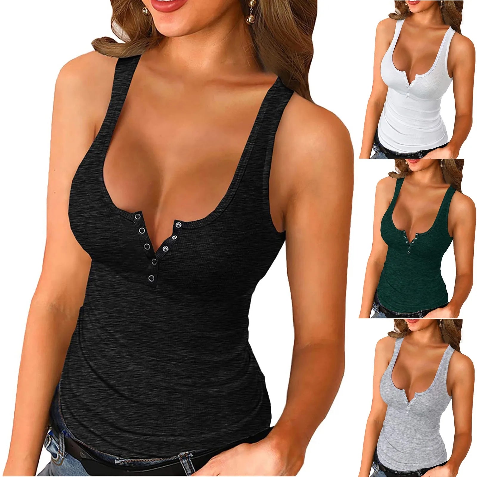 Womens Tank Tops Basic Sexy Summer Sleeveless Shirts Button Down Tank Tops Summer Clothes For Women Streetwear Cotton Tops 2021