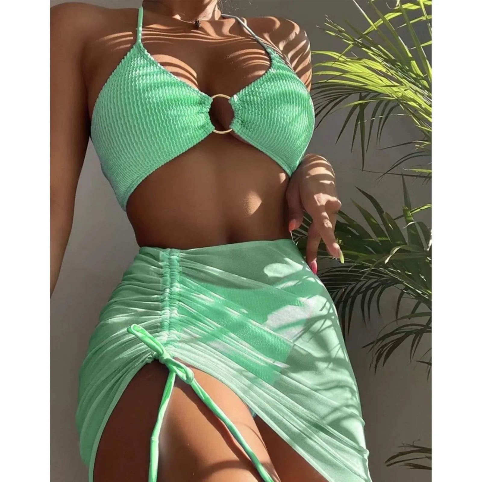 Summer High Elastic Bikini Set for Three-piece Solid Color Lace-up Sexy Women Swimsuit Beach Bathing Suit Swimwear 2024