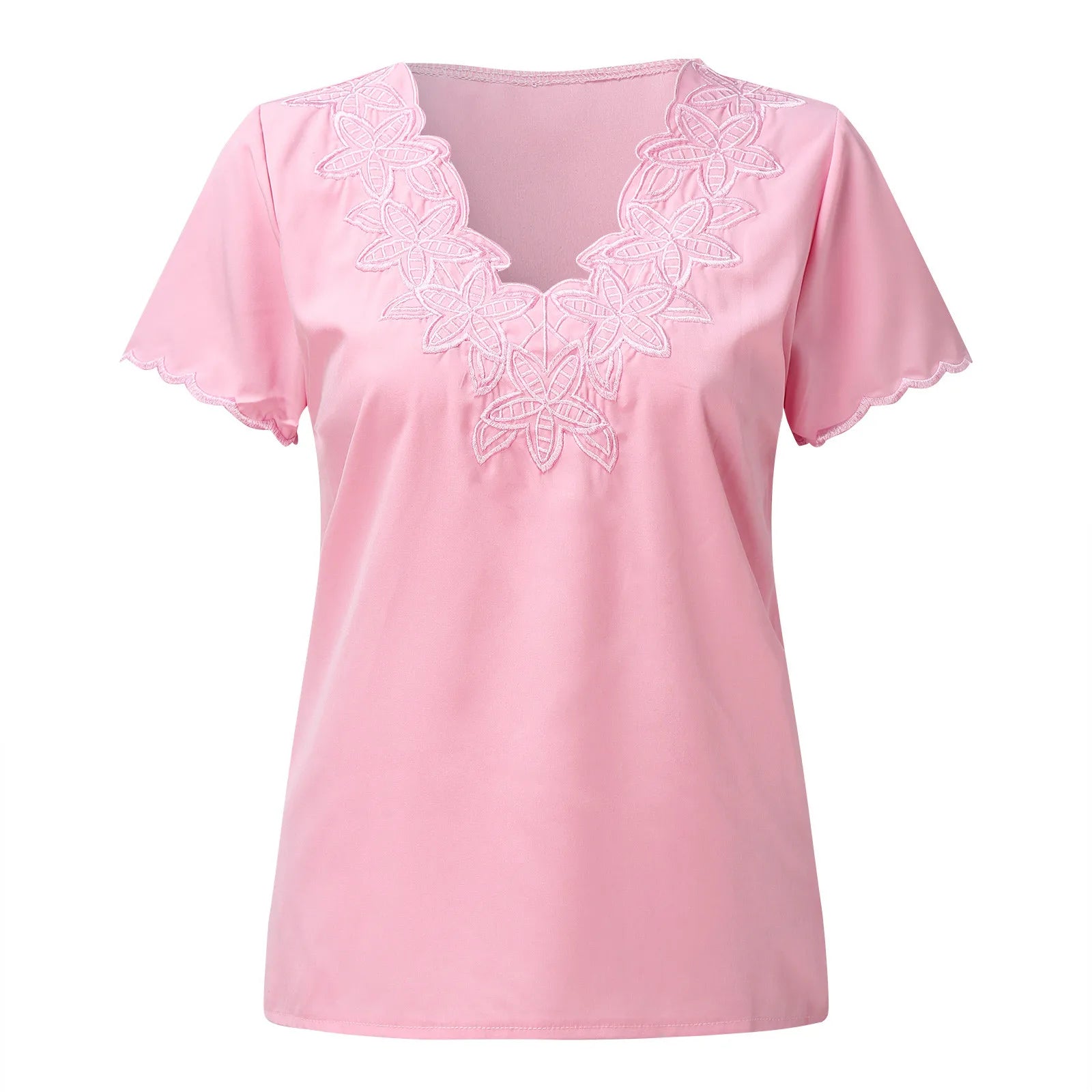 Fashion Blouse Summer Women V-neck  Lace Casual Loose Blouse Aesthetic Pure Color Short Sleeve Tops Blusas Femininas 2021 New