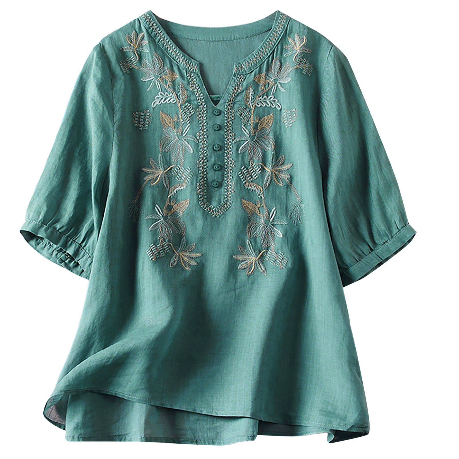 Women's Fashion Embroidery Spliced Solid Color V-Neck Shirt Summer Female Clothing New Vintage Loose Casual Half Sleeve Blouse