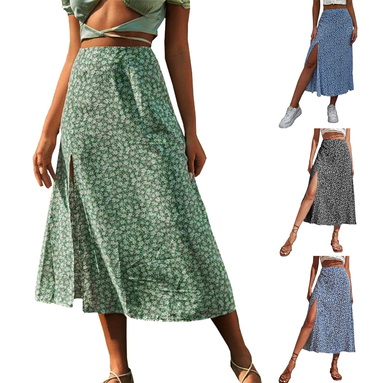 Fashion Vintage Skirt 2023 Flower Polka Dot Print High Waist Stretch Split Long A-Line Skirts For Women Fashion Beach Maxi Skirt