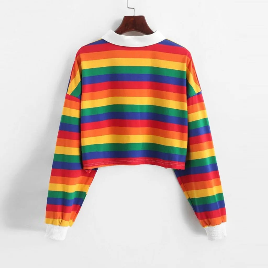 Color Long Sleeve Shirt Womens Stripe Button Long Sleeve Pullover Hoodies Rainbow Cotton Blend Soft Sweatshirt Худи Женский 2021