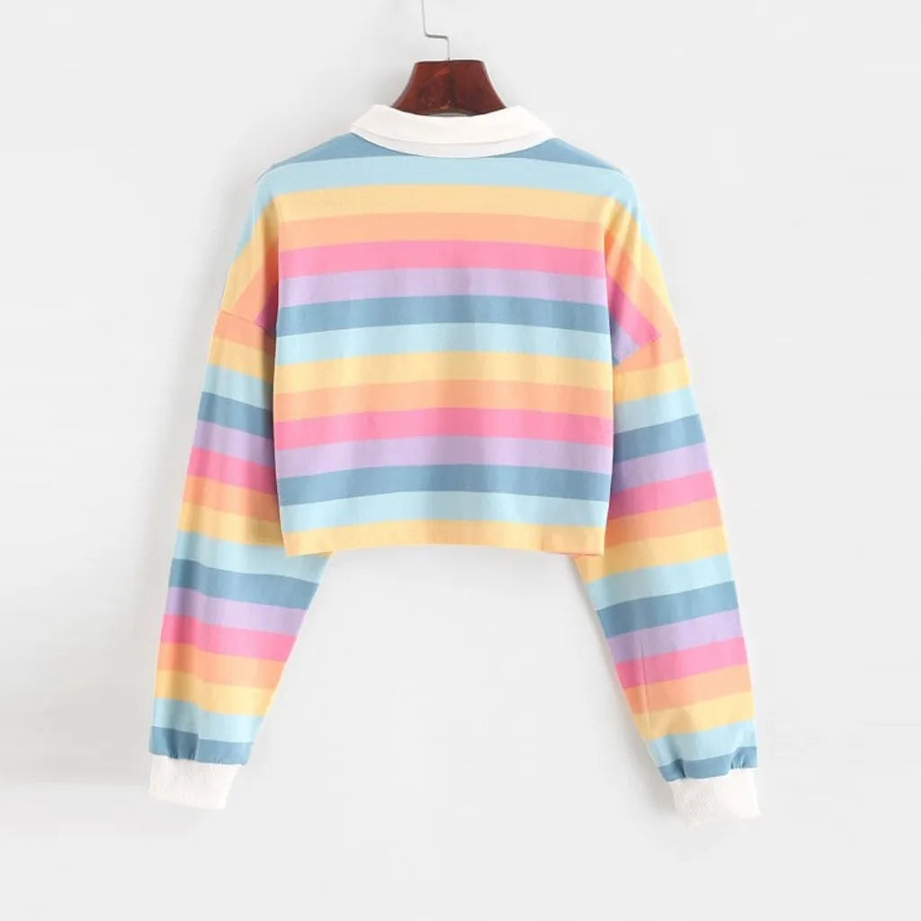 Color Long Sleeve Shirt Womens Stripe Button Long Sleeve Pullover Hoodies Rainbow Cotton Blend Soft Sweatshirt Худи Женский 2021