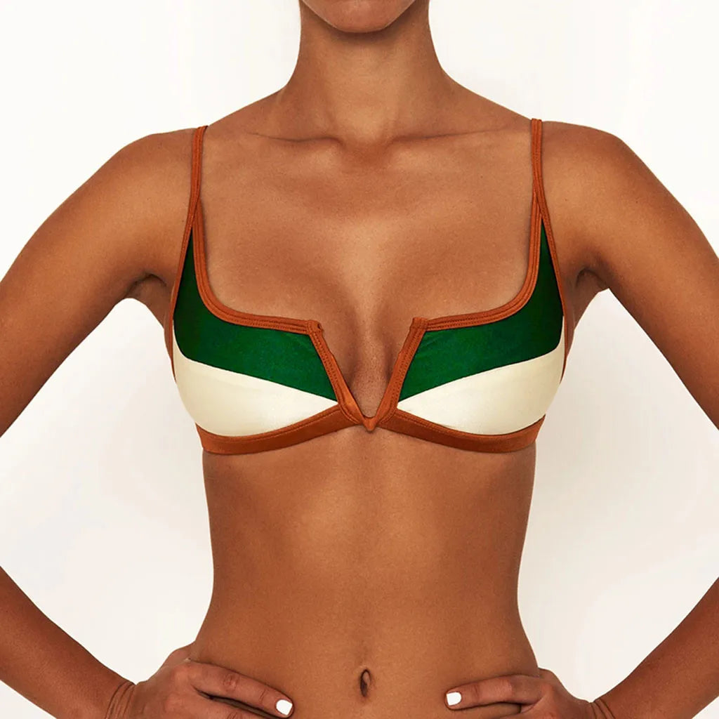 Vintage Micro Bikini Set Patchwork Swimsuit Brazilian Sexy Swimwear Female 2023 New Summer Colorblock V-bar Green Bathing Suits