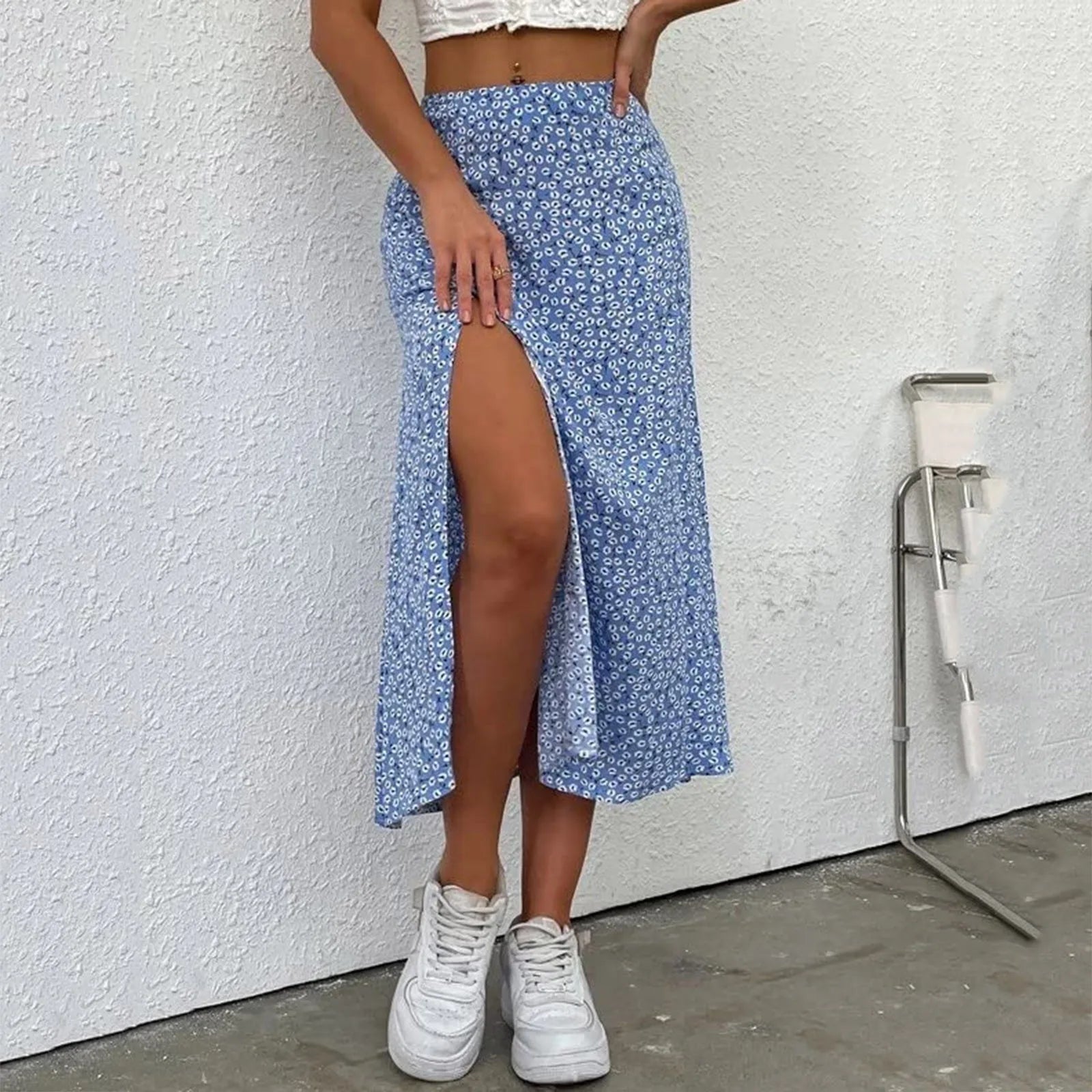 Fashion Vintage Skirt 2023 Flower Polka Dot Print High Waist Stretch Split Long A-Line Skirts For Women Fashion Beach Maxi Skirt