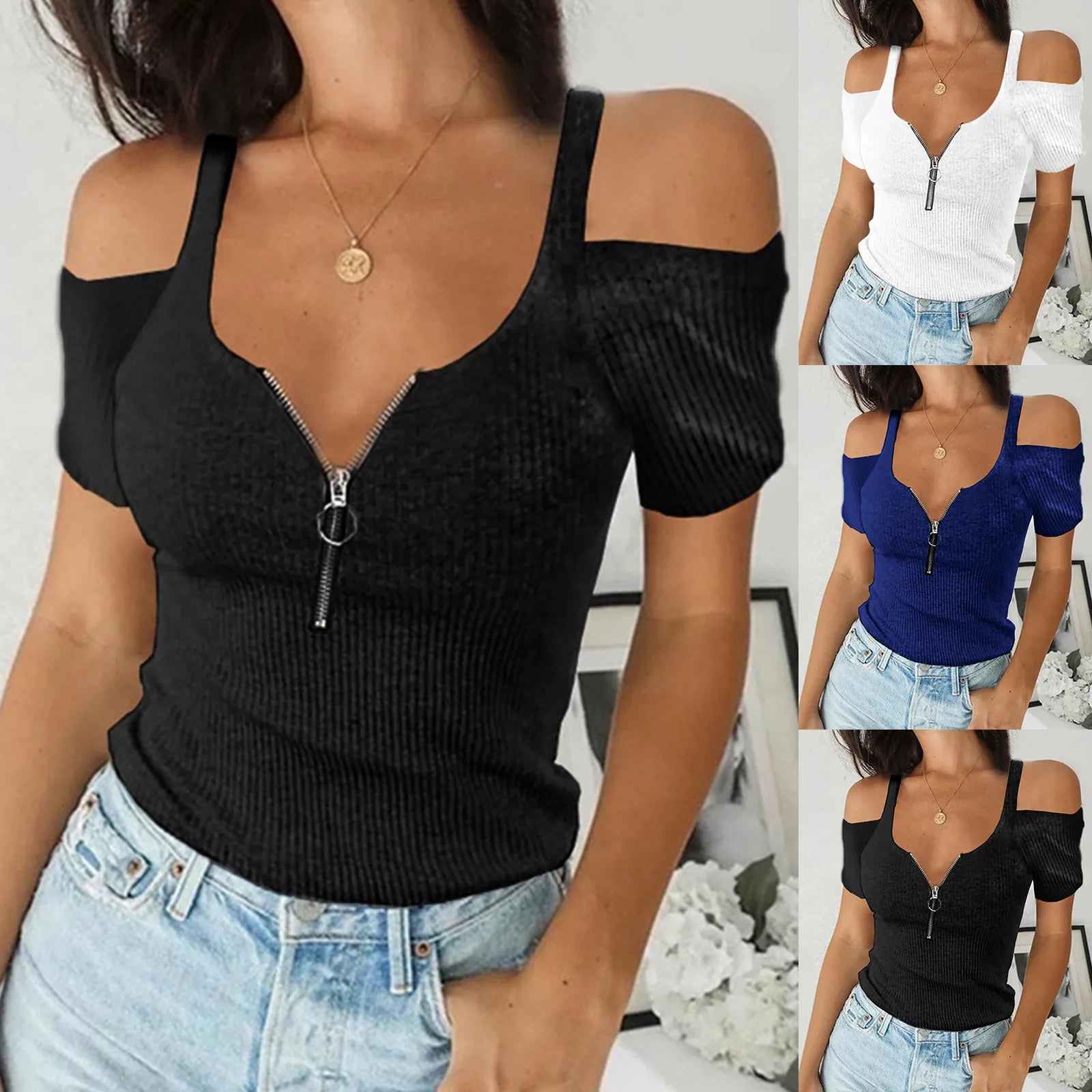 Fashion Sexy V-Neck Blouse Shirt Zipper Tops Tee Summer Casual Ladies Tops Solid Color Female Women Off Shoulder Blusas Pullover