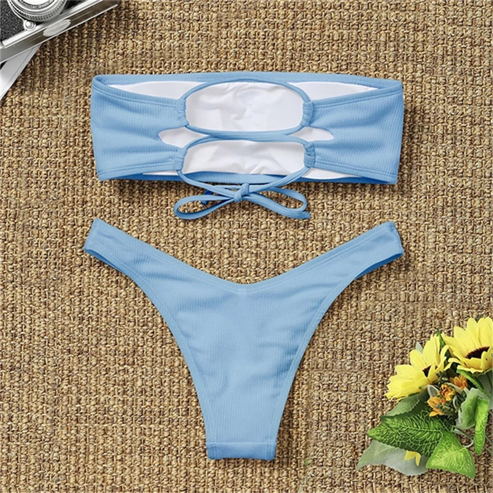 Strapless Bikini 2021 Woman 2 Piece Swimsuit Solid Swimwear Sexy Bikini Set Female Swimwear High Waist Push up Biquini Pink Blue