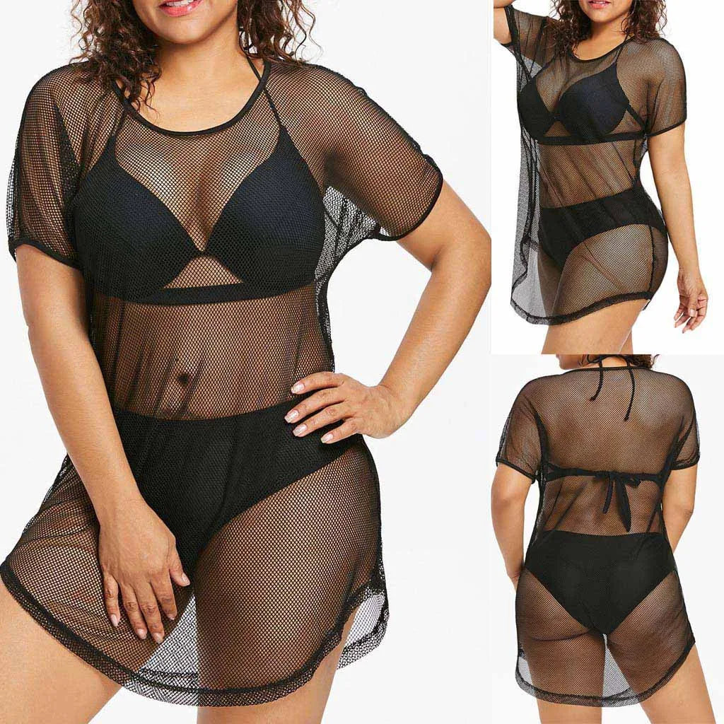 2022 Fashion Women Plus Size O-neck Bikini Cover Up Swimwear Bathing Mesh Beach Dress Round Neck Short Sleeve Mesh Bathing Suit