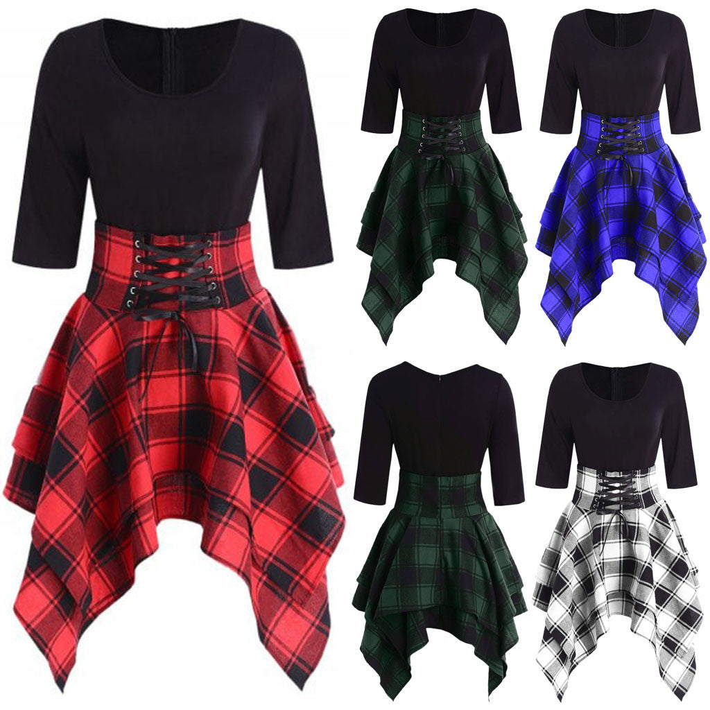 Fashion Dresses For Women Casual O-neck Lace Up Dress Gothic Tartan Plaid Print Asymmetrical Mini Dress Женское платье 2022 New