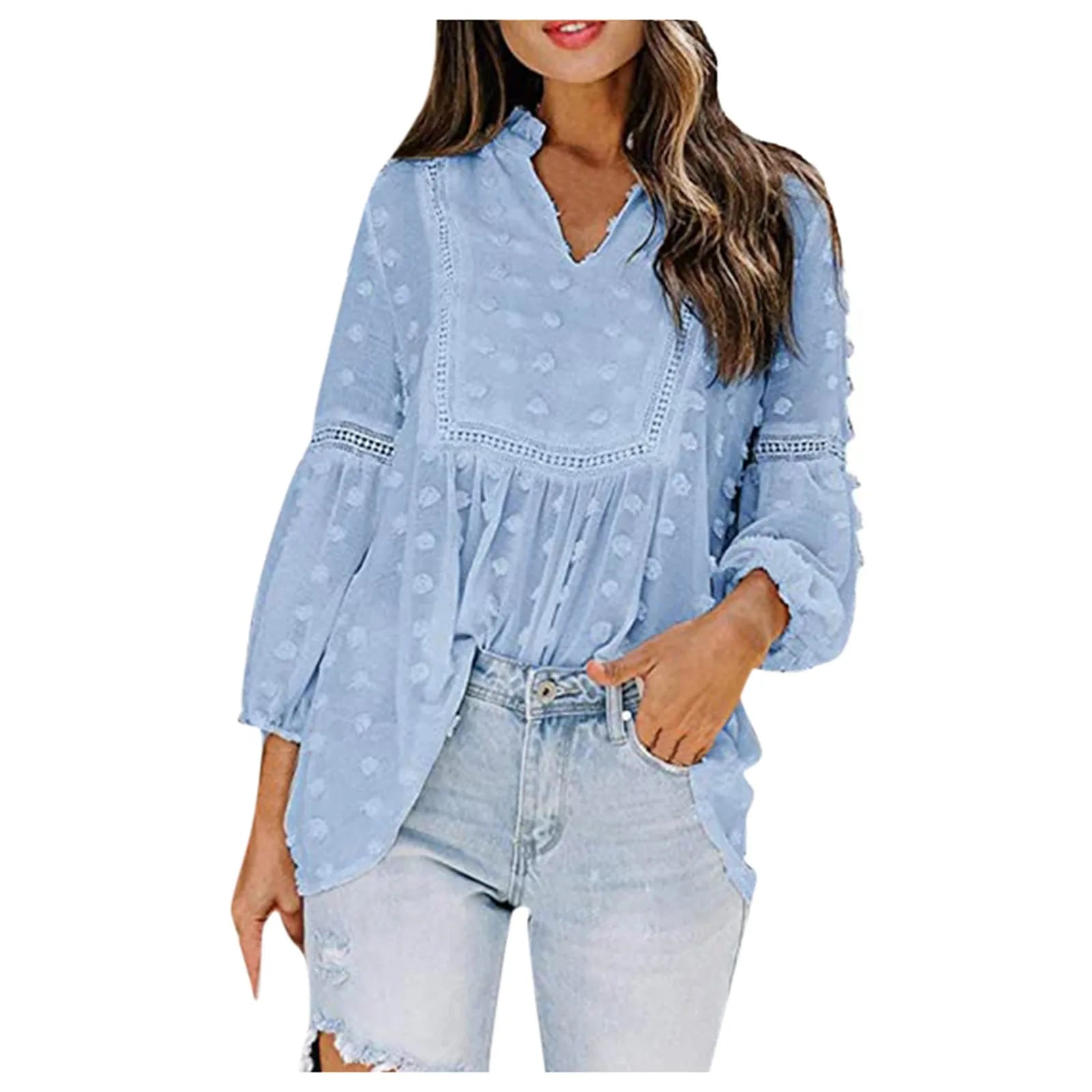 Women's Fashion Blouse Hollow knitted Casual Chiffon Long Lantern Sleeve Top Elegant Breathable Blouse ropa mujer 2021 New