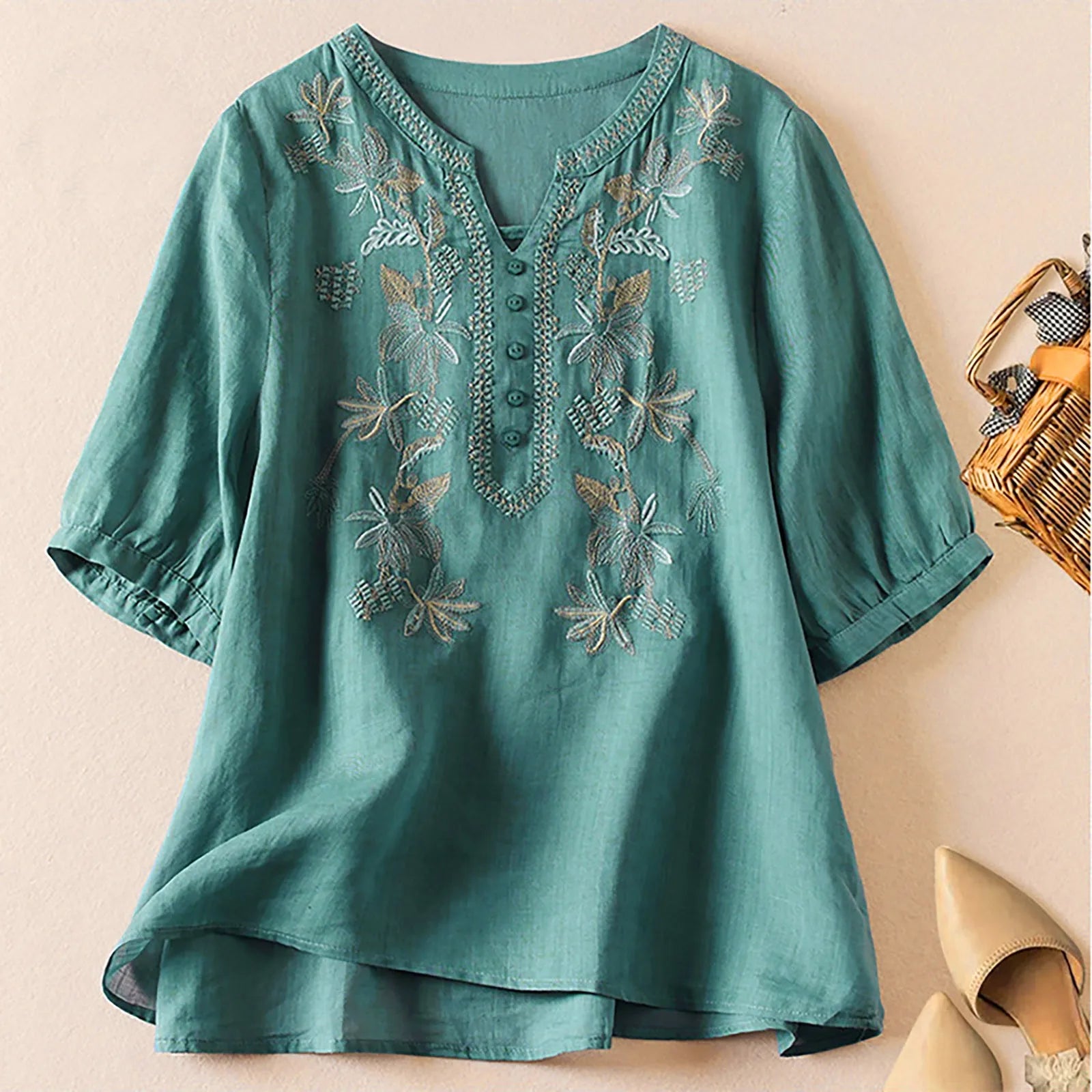 Women's Fashion Embroidery Spliced Solid Color V-Neck Shirt Summer Female Clothing New Vintage Loose Casual Half Sleeve Blouse