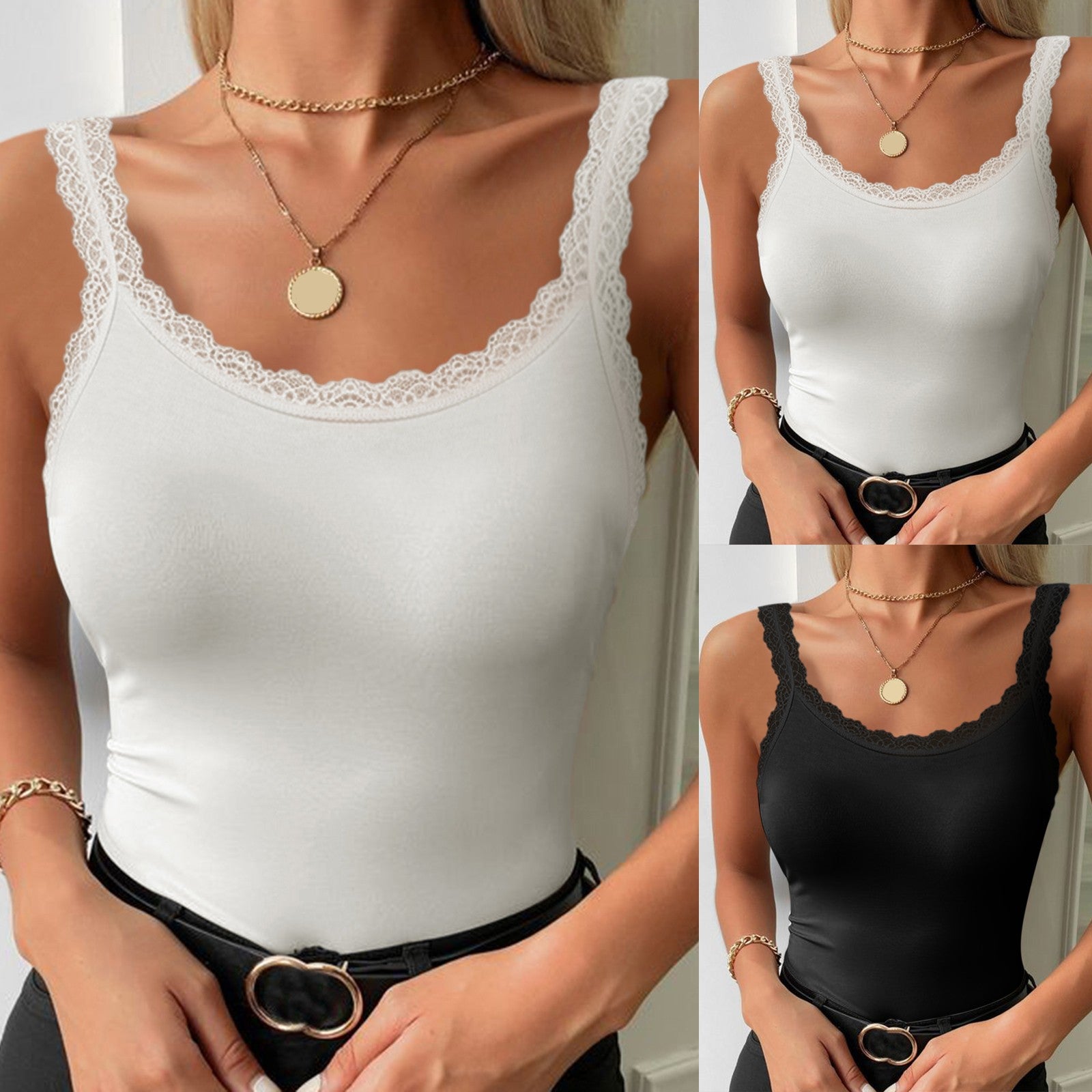 Fashion Women Solid Lace Strap Vest Sleeveless Underwear Splice Tank Tops Blouse Tops Round Neck Suspender Lace Stitching Vest