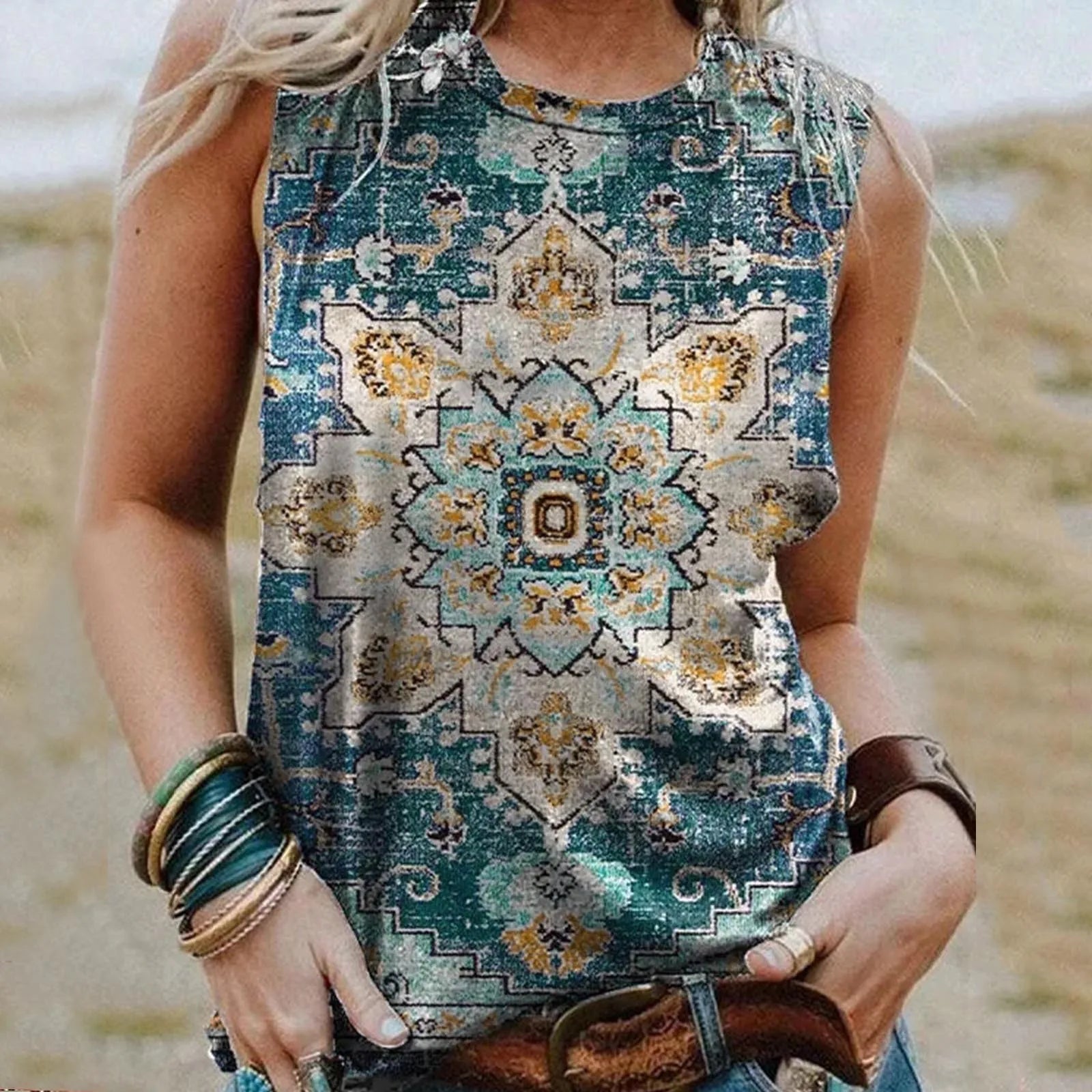 Vintage Women Casual Tank Tops Aztec Print Round Neck Shirts Summer Sleeveless Vest Tops Loose Splice T Shirts топ женский New