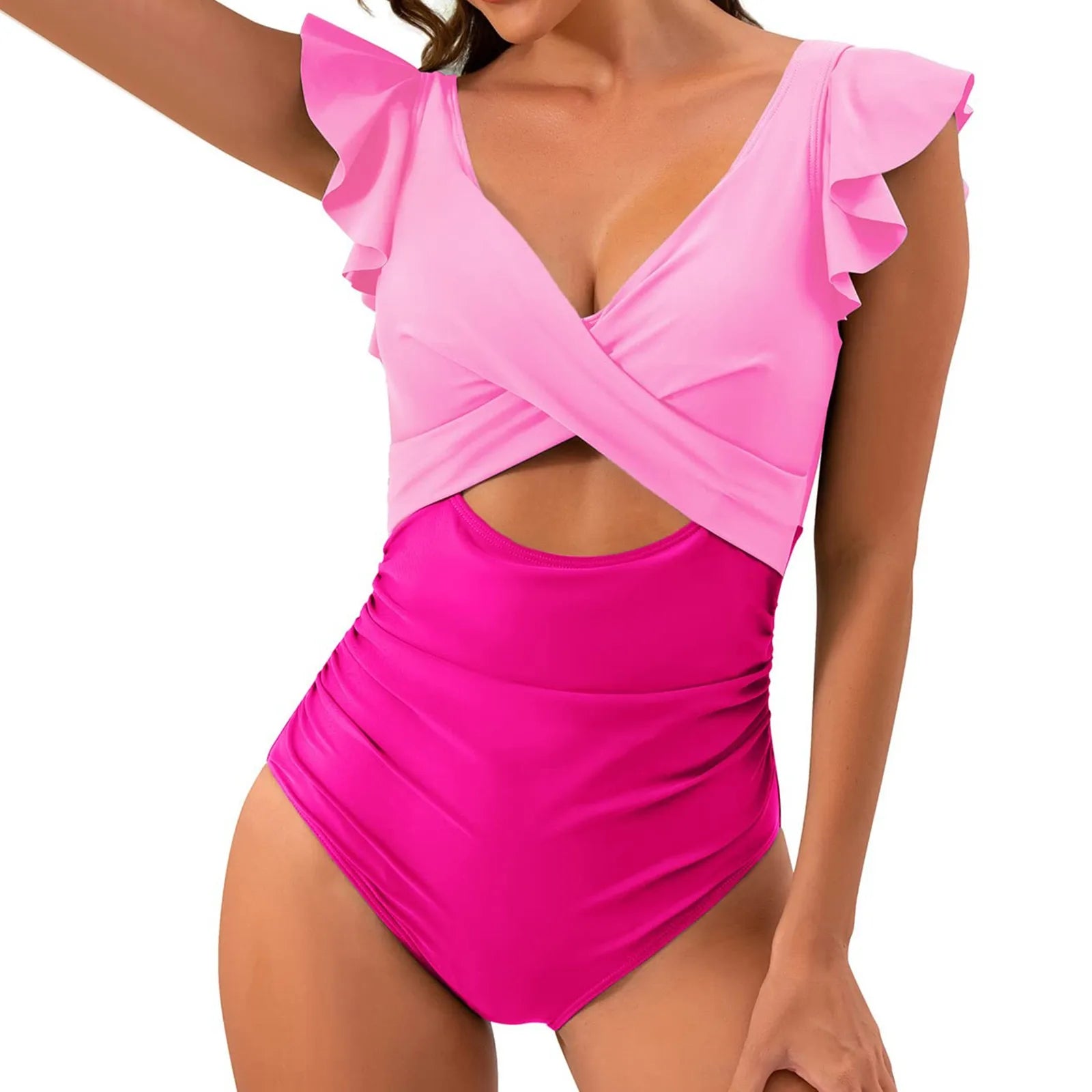 2024 Tummy Control One-piece Swimsuit Bikini Cut Out Monokini Women's Solid Color Ruffle Backless Beachwear Female Bathing Suits