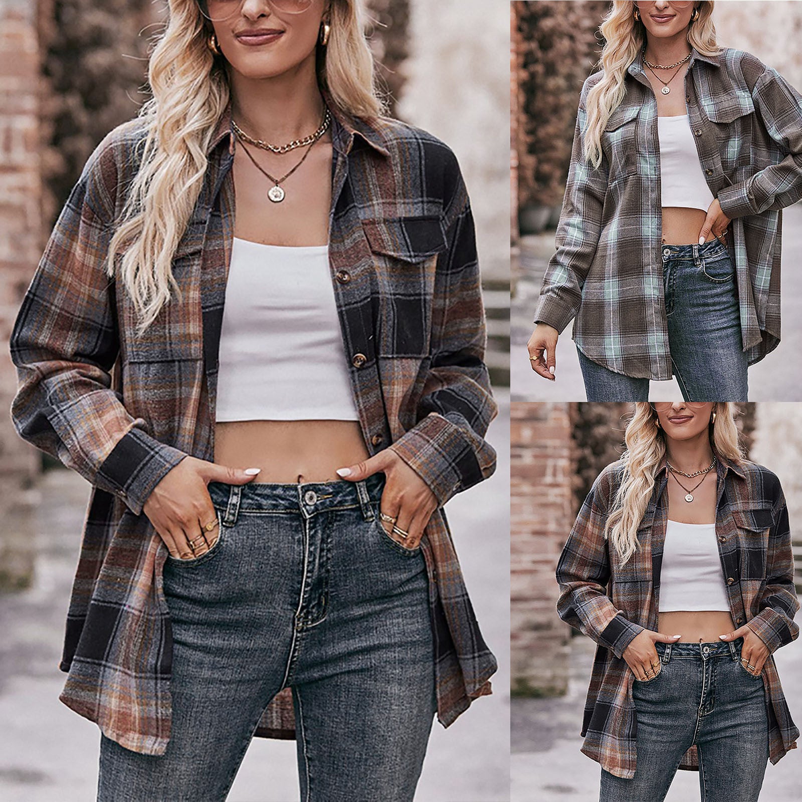 Streetwear Style Ladies Baggy Check Tee Shirt Single Breasted Shirt Blouses with Pocket Lapel Collar Long Sleeve Tops 2023 Tops