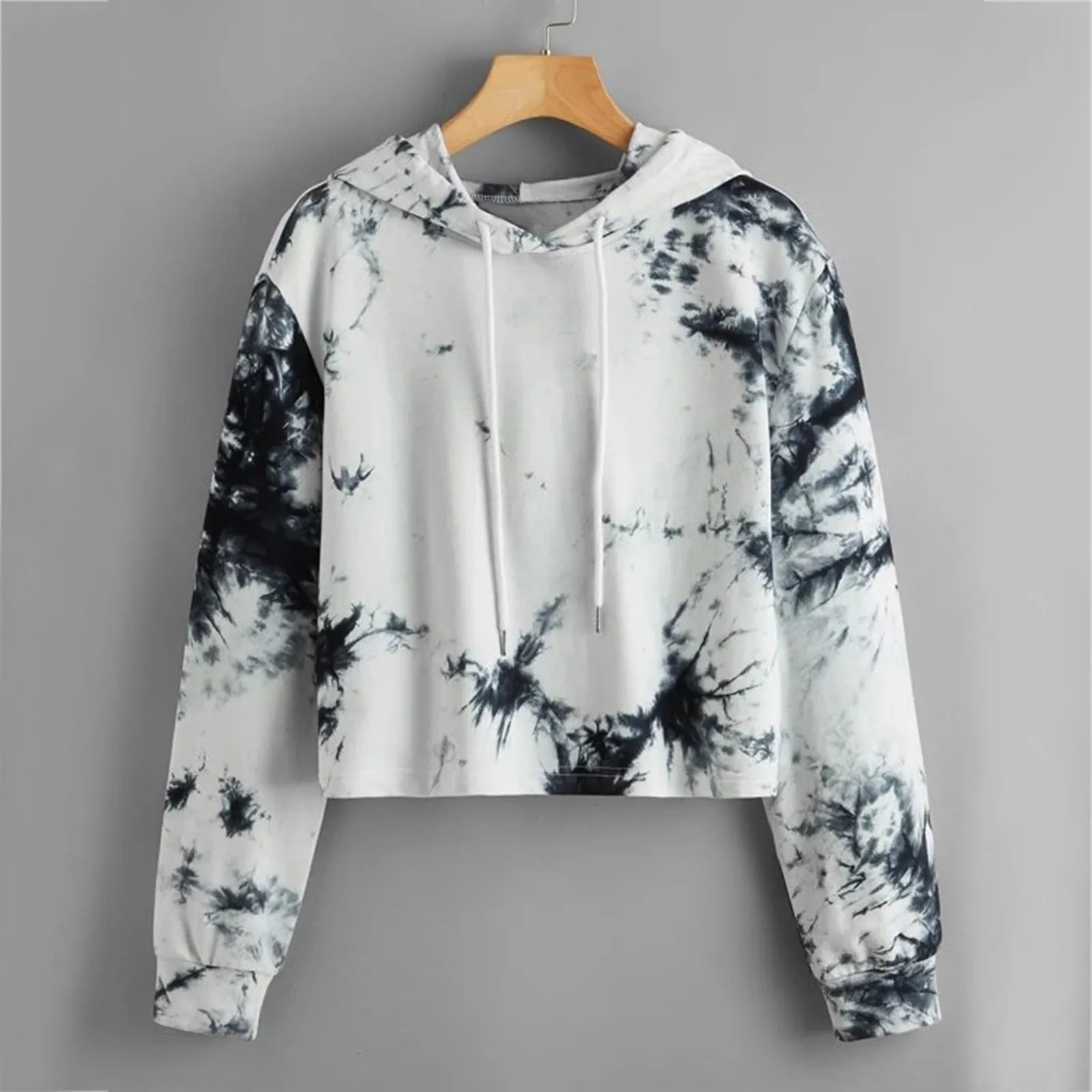 Tie-Dye Print Sweatshirt Fashion Women Autumn Warm Long Sleeve Hooded Crop Tops Drawstring Warm Hoodies Толстовка Женская 2021