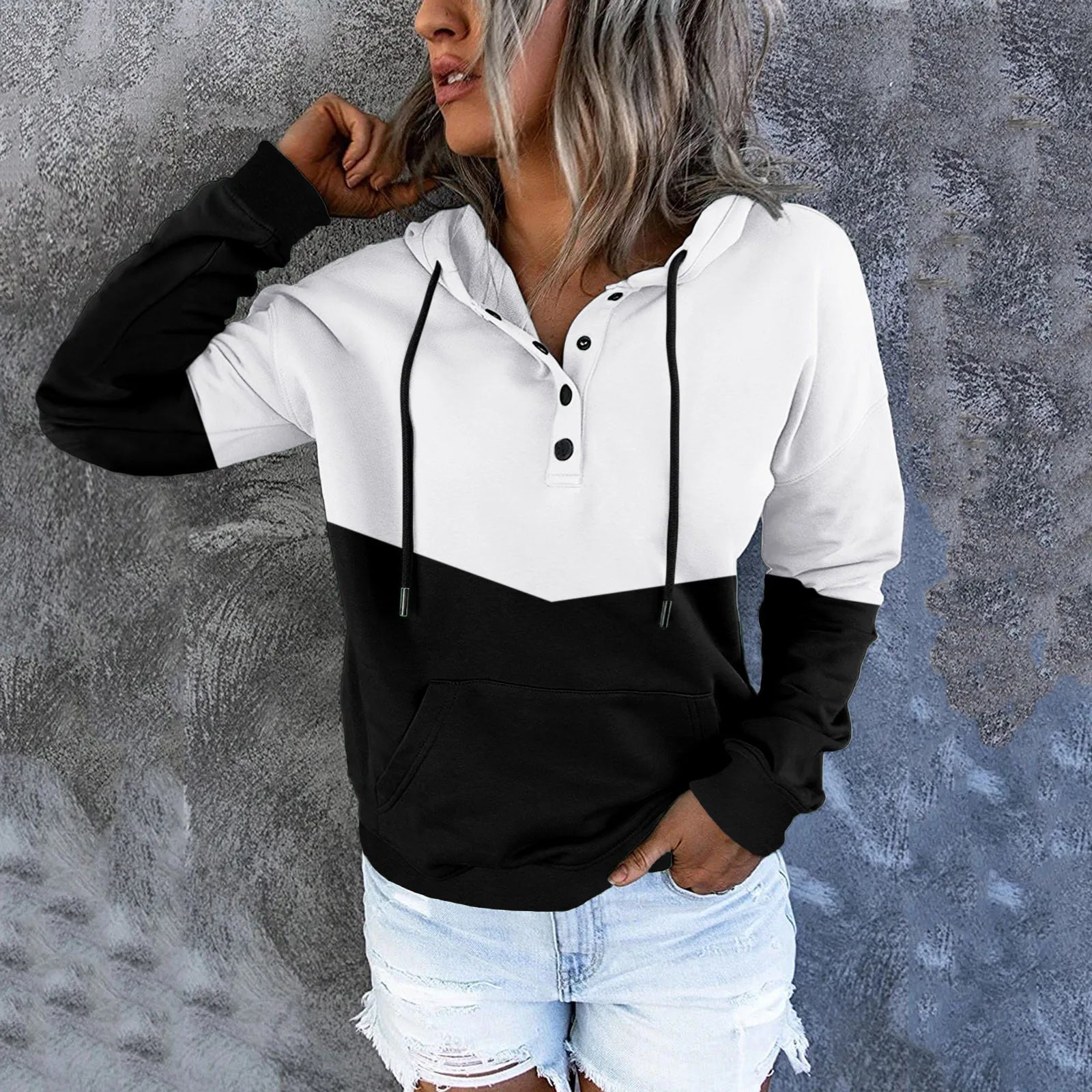 Fashion Patchwork Sweatshirts Woman Long Sleeve Casual Pullover Button Down Hoodies Drawstring Hooded Pocket Sweatshirts 2021