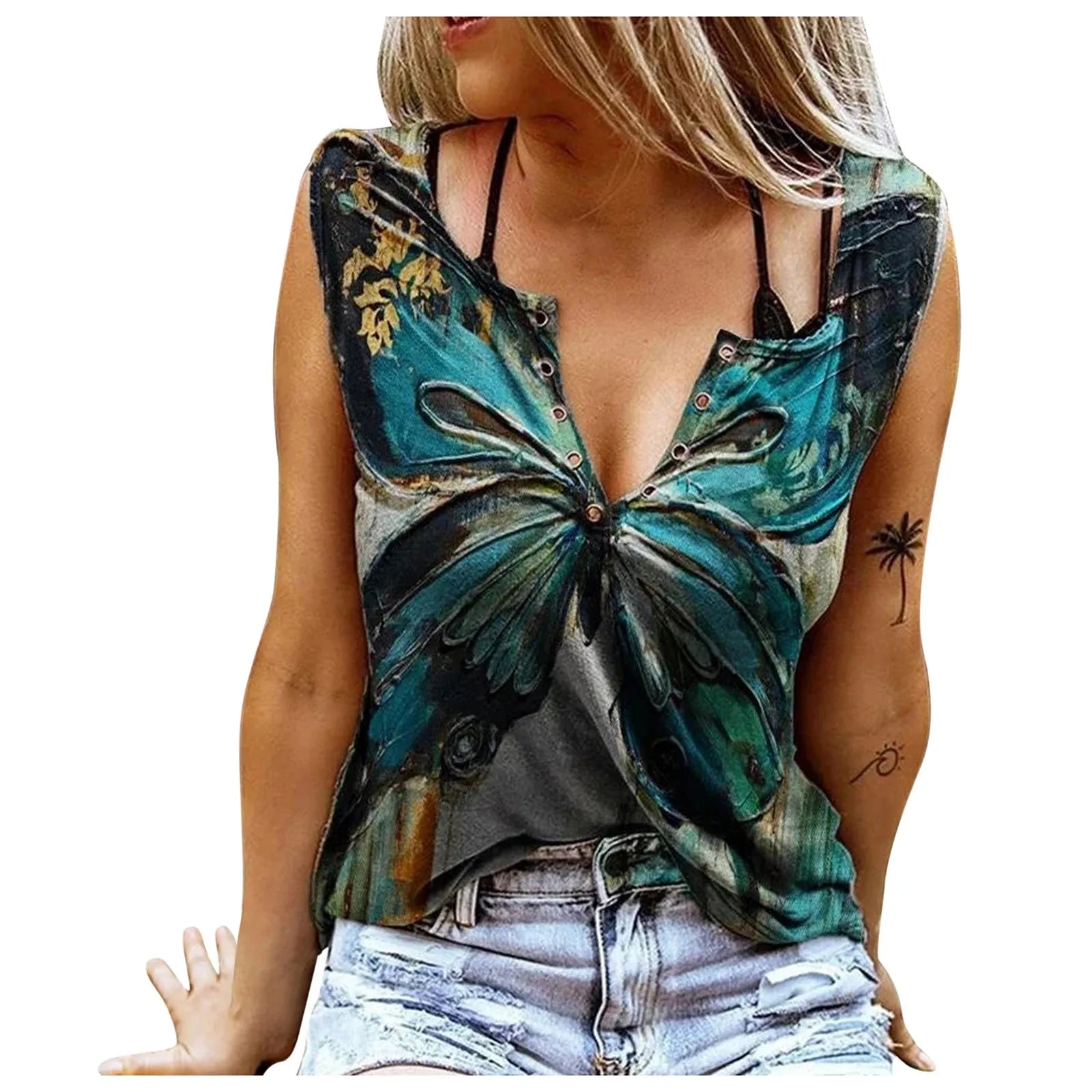 Fashion Blouses Sexy Women V-neck Printed Sleeveless Tops Casual Pullover Low-cut Printed Shirt Casual Tops Women Shirts 2021