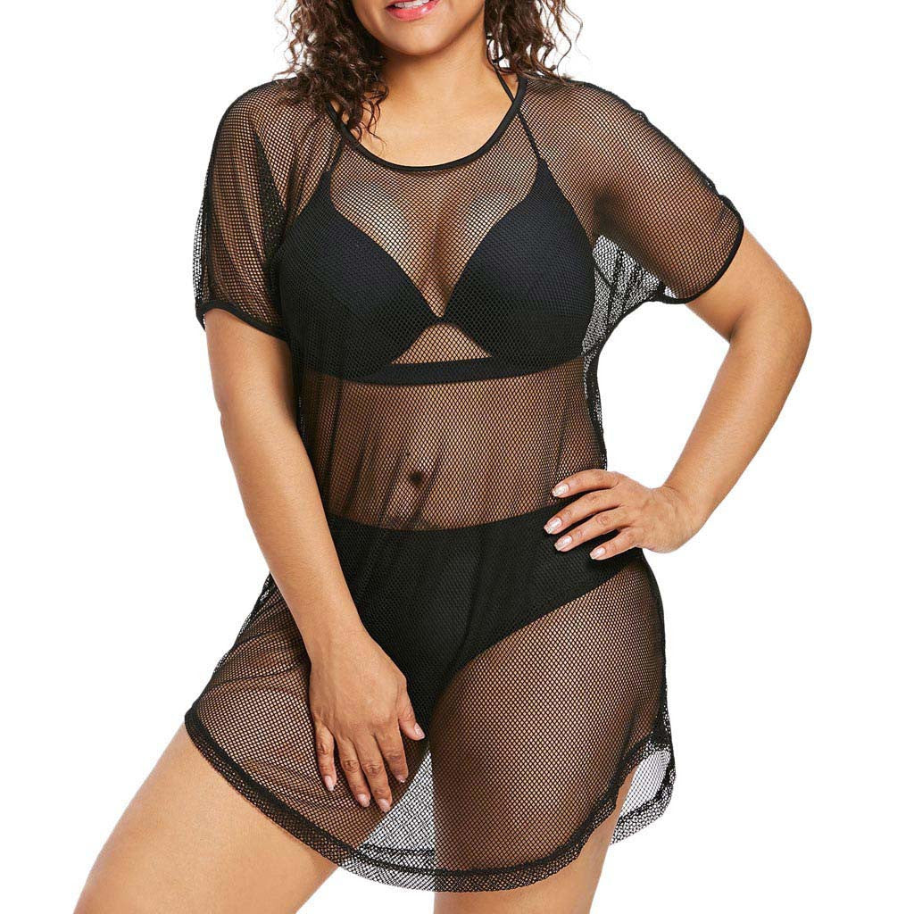 2022 Fashion Women Plus Size O-neck Bikini Cover Up Swimwear Bathing Mesh Beach Dress Round Neck Short Sleeve Mesh Bathing Suit