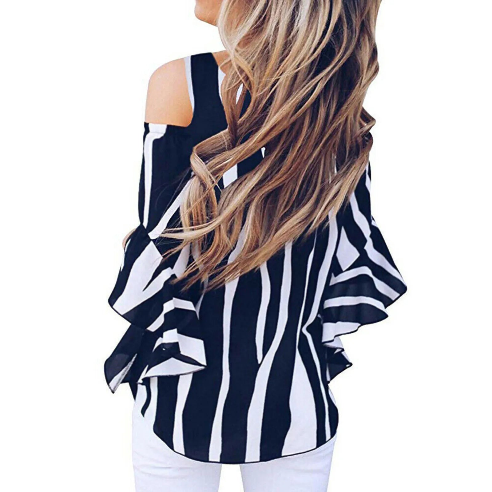 Women Striped Printed Off Shoulder Tops Summer Fashion Female 3 4 Flared Bell Sleeve Beach Blouses Casual Loose Shirts Plus Size