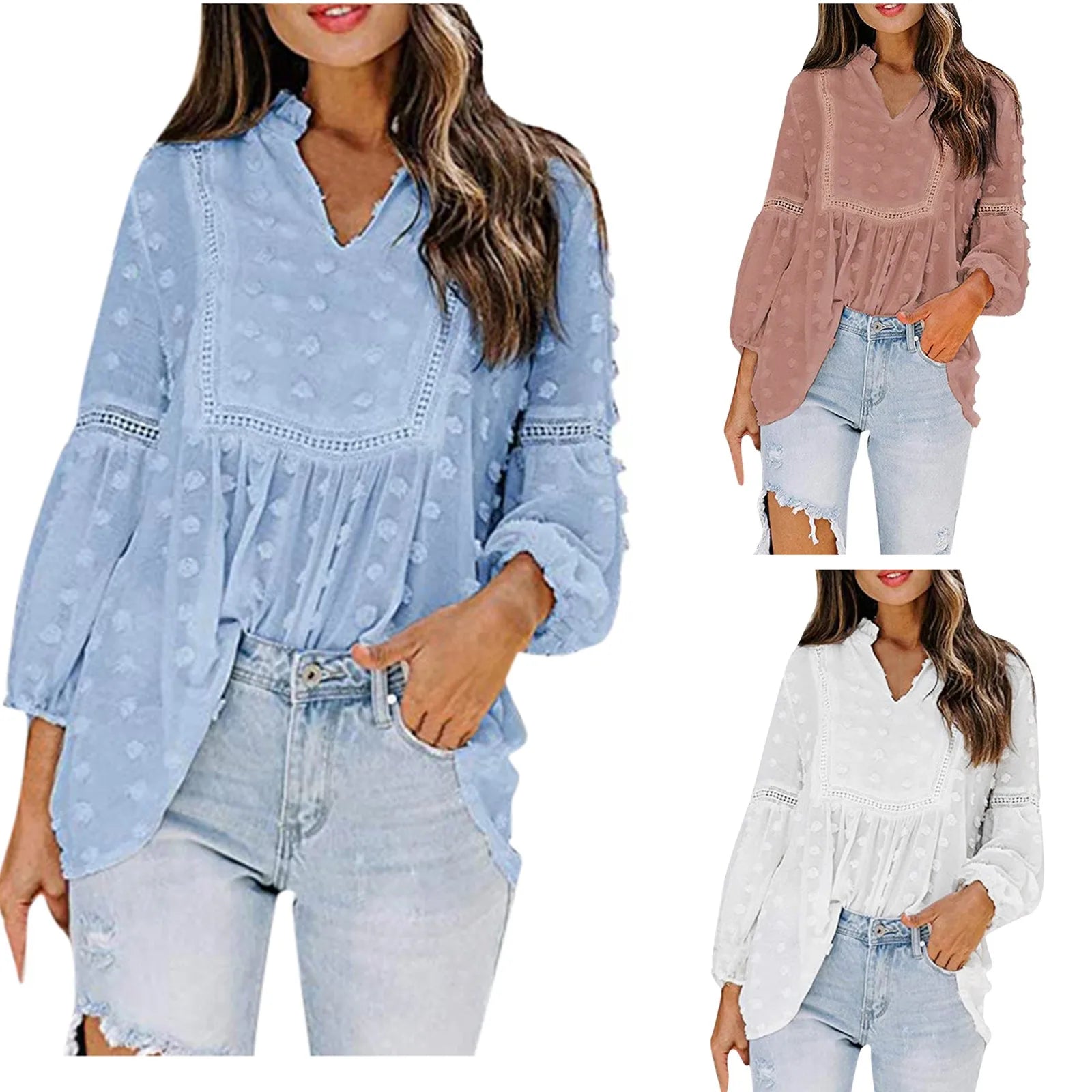 Women's Fashion Blouse Hollow knitted Casual Chiffon Long Lantern Sleeve Top Elegant Breathable Blouse ropa mujer 2021 New