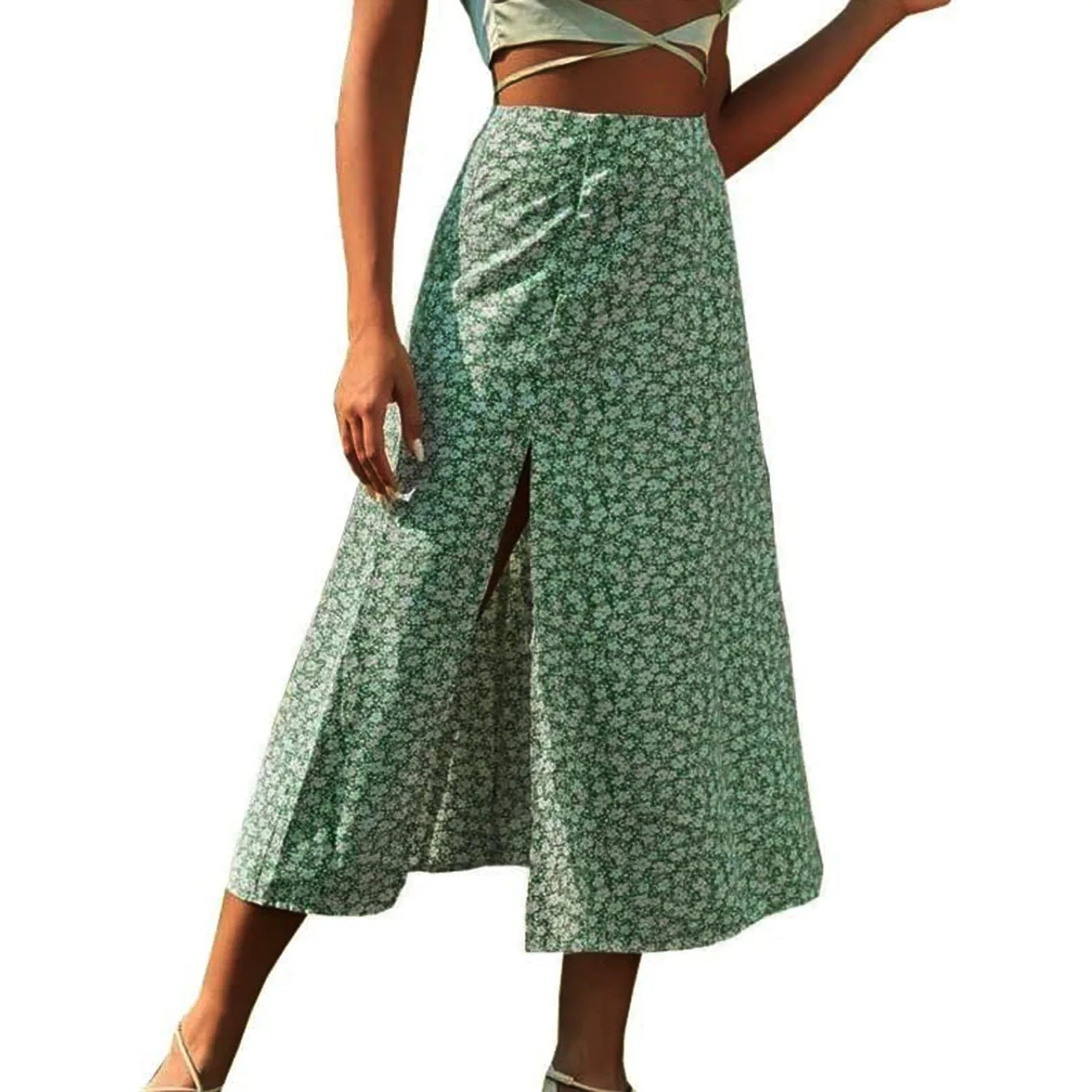 Fashion Vintage Skirt 2023 Flower Polka Dot Print High Waist Stretch Split Long A-Line Skirts For Women Fashion Beach Maxi Skirt