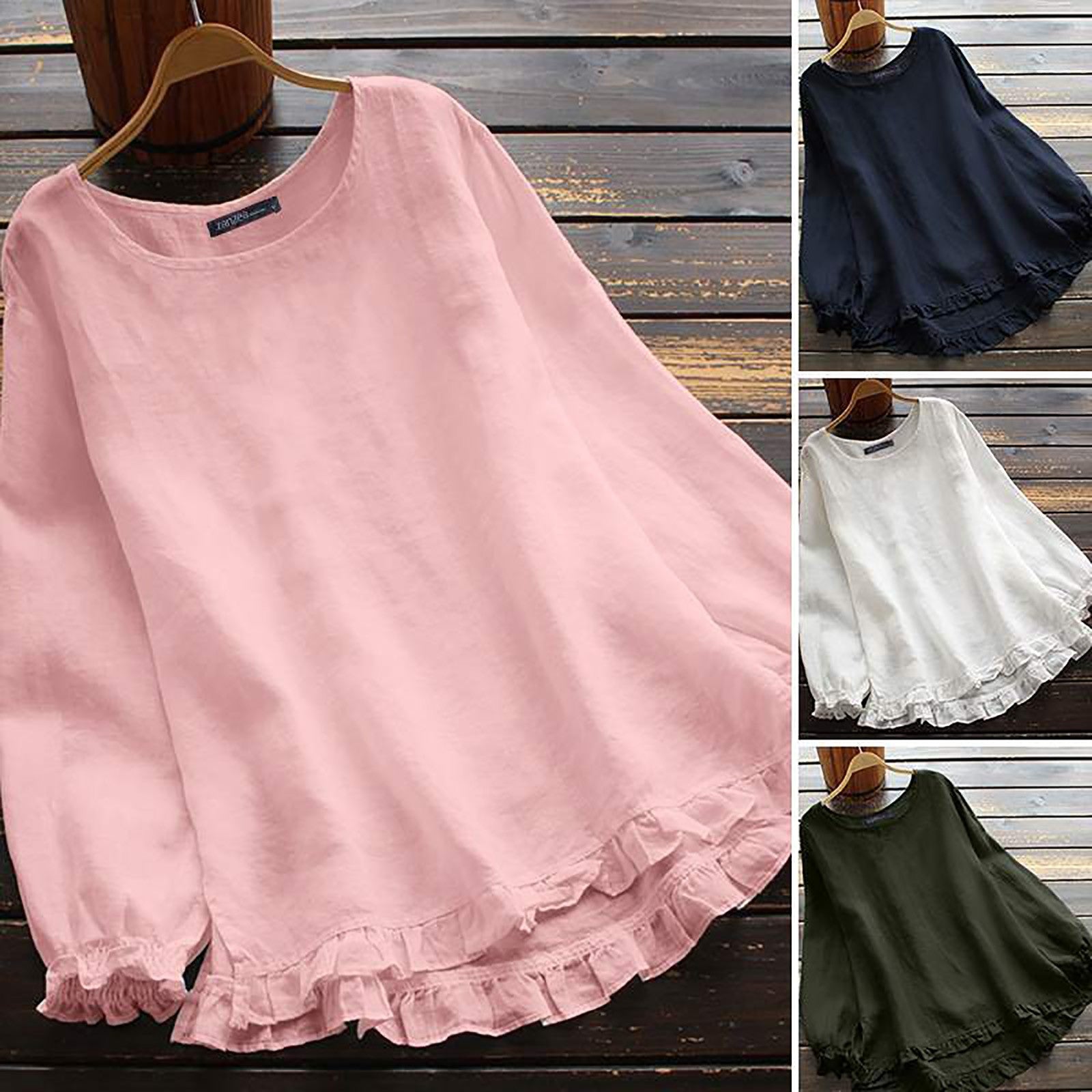 Spring Summer Women Blouse O Neck Long Sleeve Tops Vintage Casual Ruffles Shirt Solid Color Blusas Loose Chemise Tunic Mujer