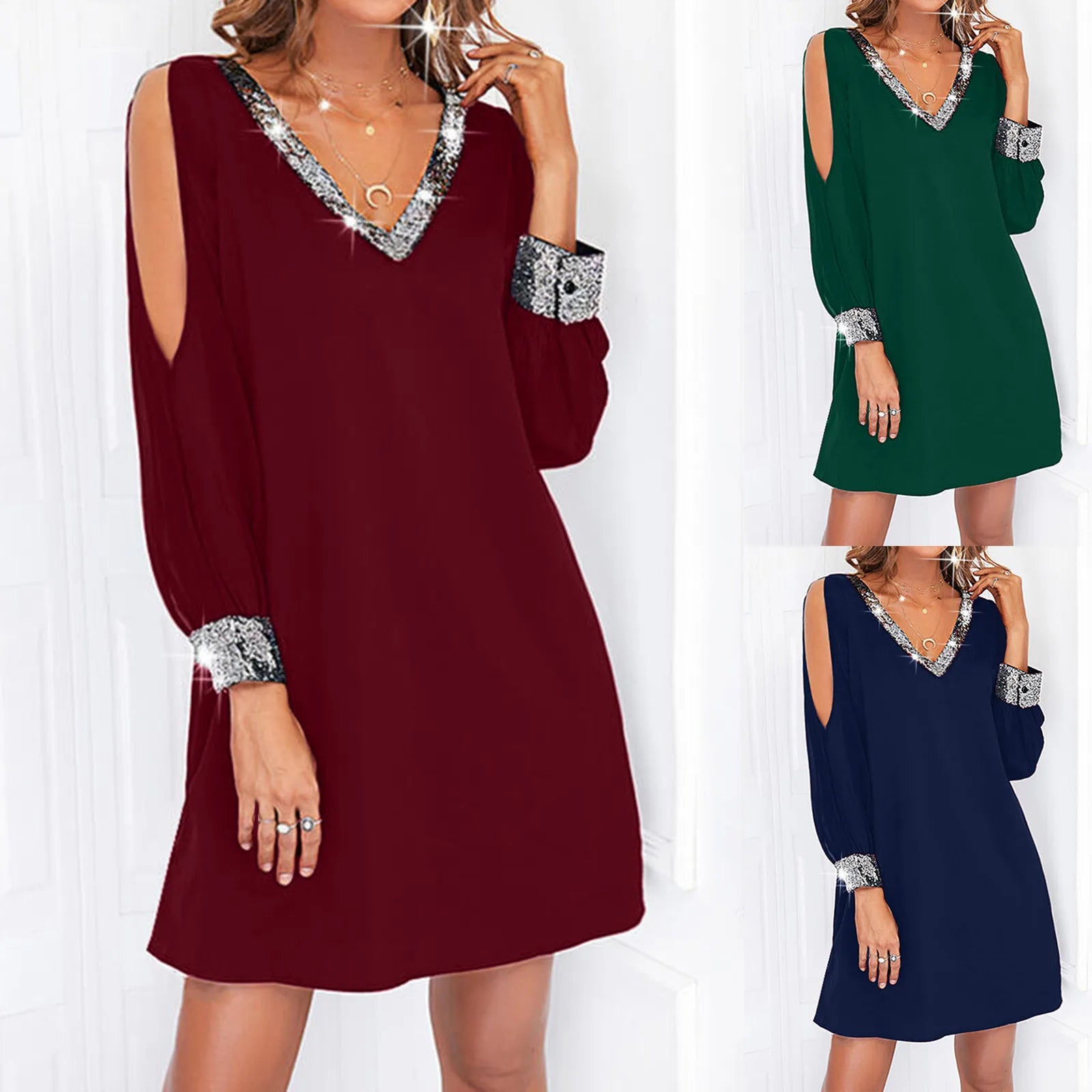 Autumn And Winter Elegant Women's Dress Solid Colour Strapless Sleeve Casual Fashion Deep V-Neck Sequins Splicing Ladies Dresses