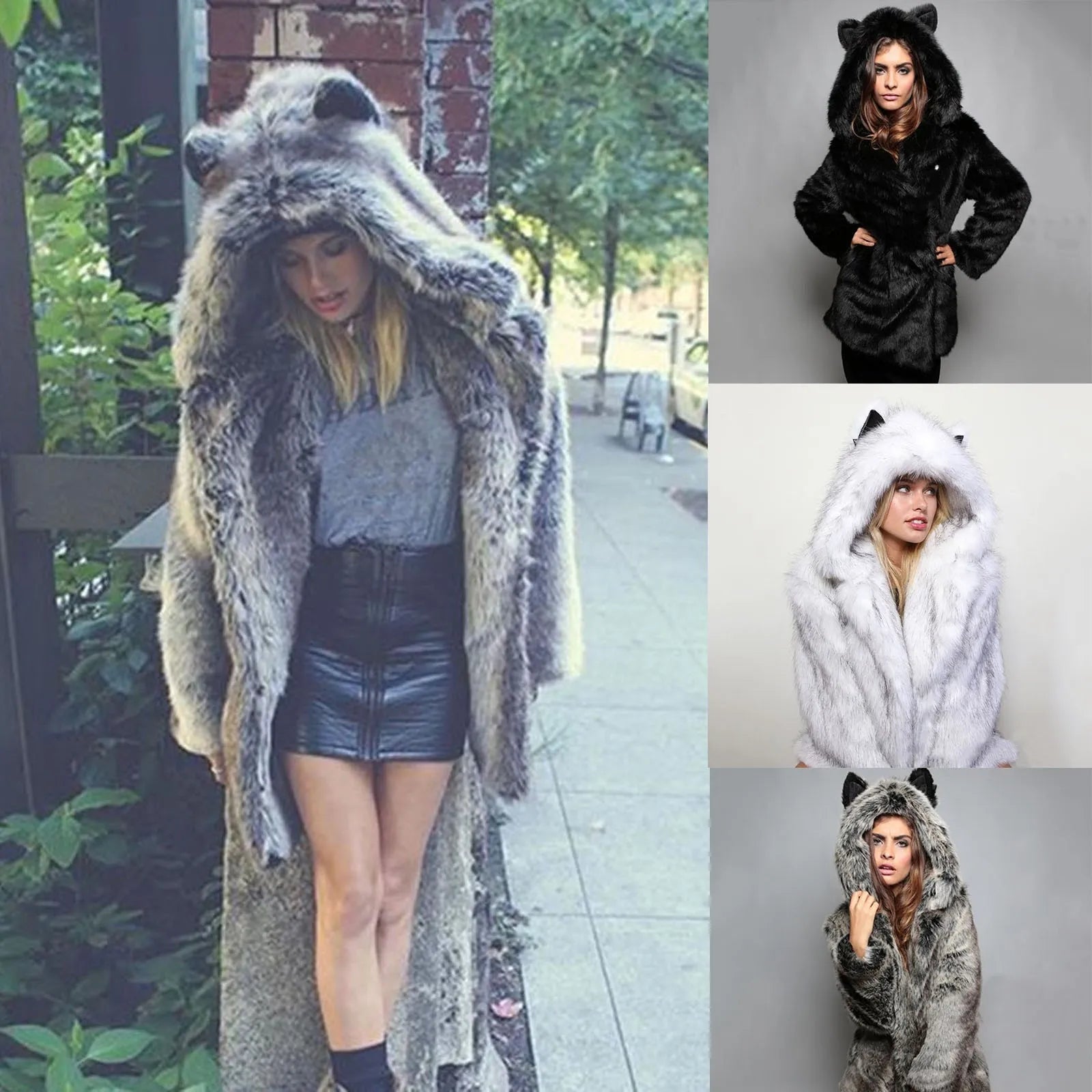 Women Fashion Coat Faux Hooded Warm Furry Splicing Jacket Long Sleeve Outerwear Faux Hooded Warm Furry Coat Женское пальто 2021