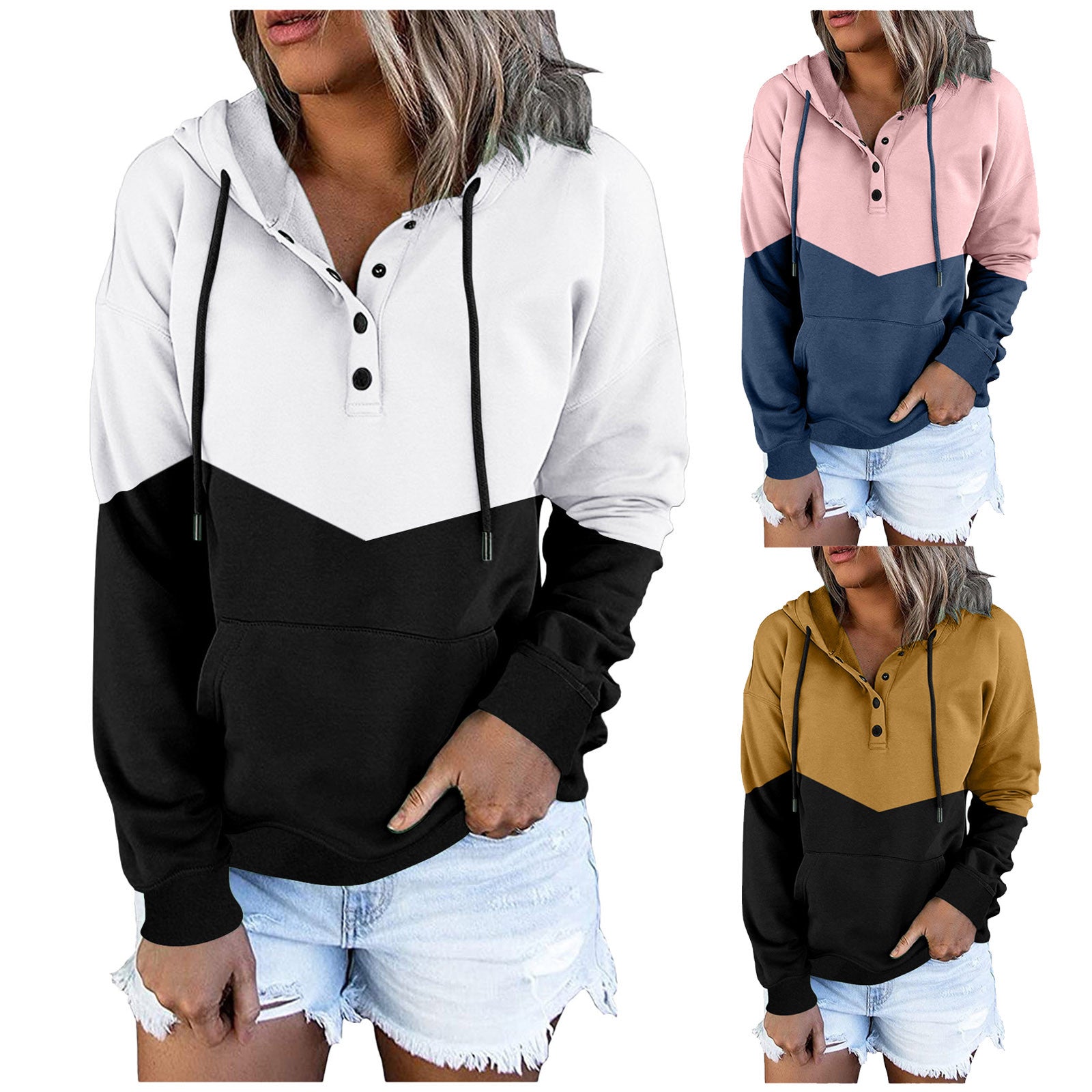 Fashion Patchwork Sweatshirts Woman Long Sleeve Casual Pullover Button Down Hoodies Drawstring Hooded Pocket Sweatshirts 2021