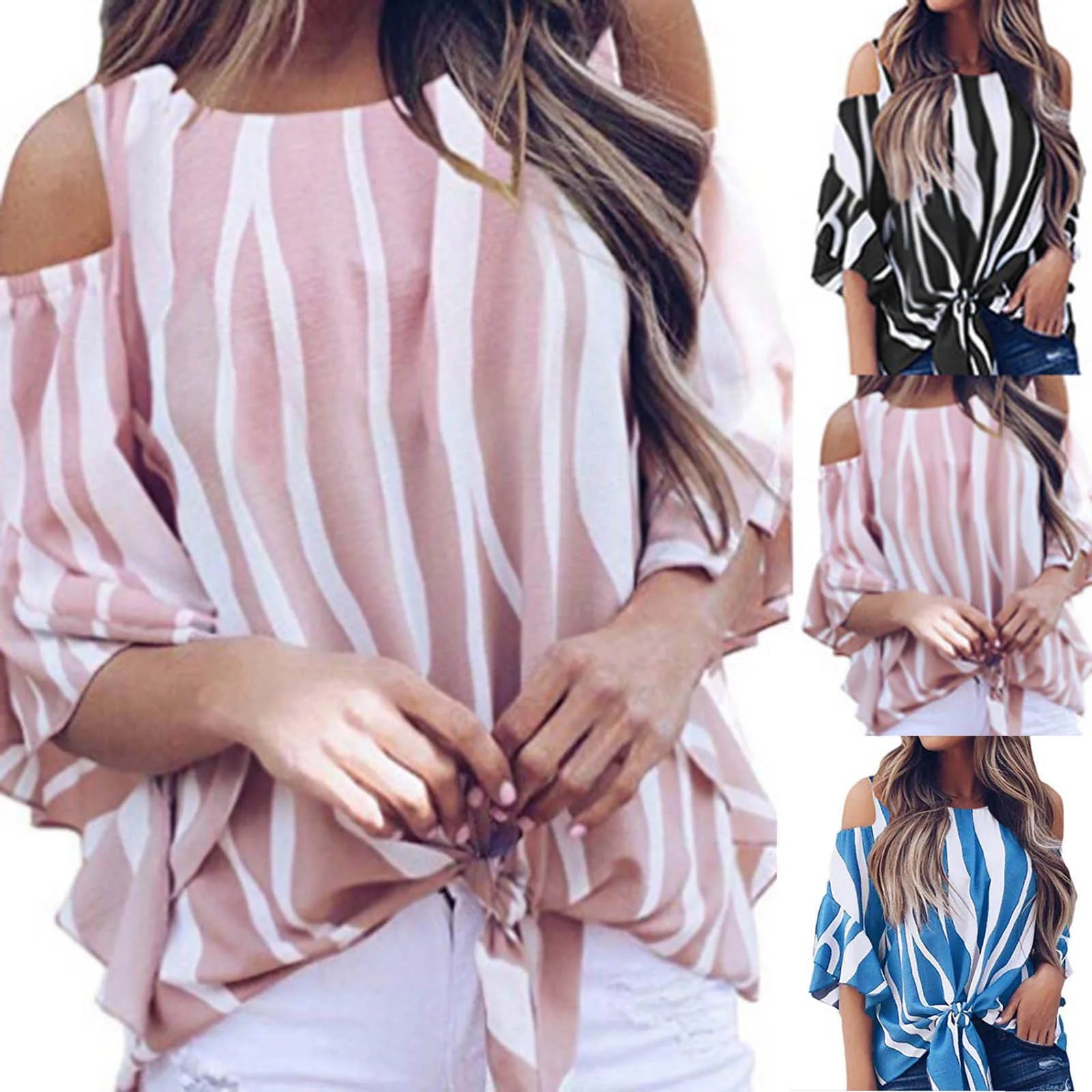 Women Striped Printed Off Shoulder Tops Summer Fashion Female 3 4 Flared Bell Sleeve Beach Blouses Casual Loose Shirts Plus Size