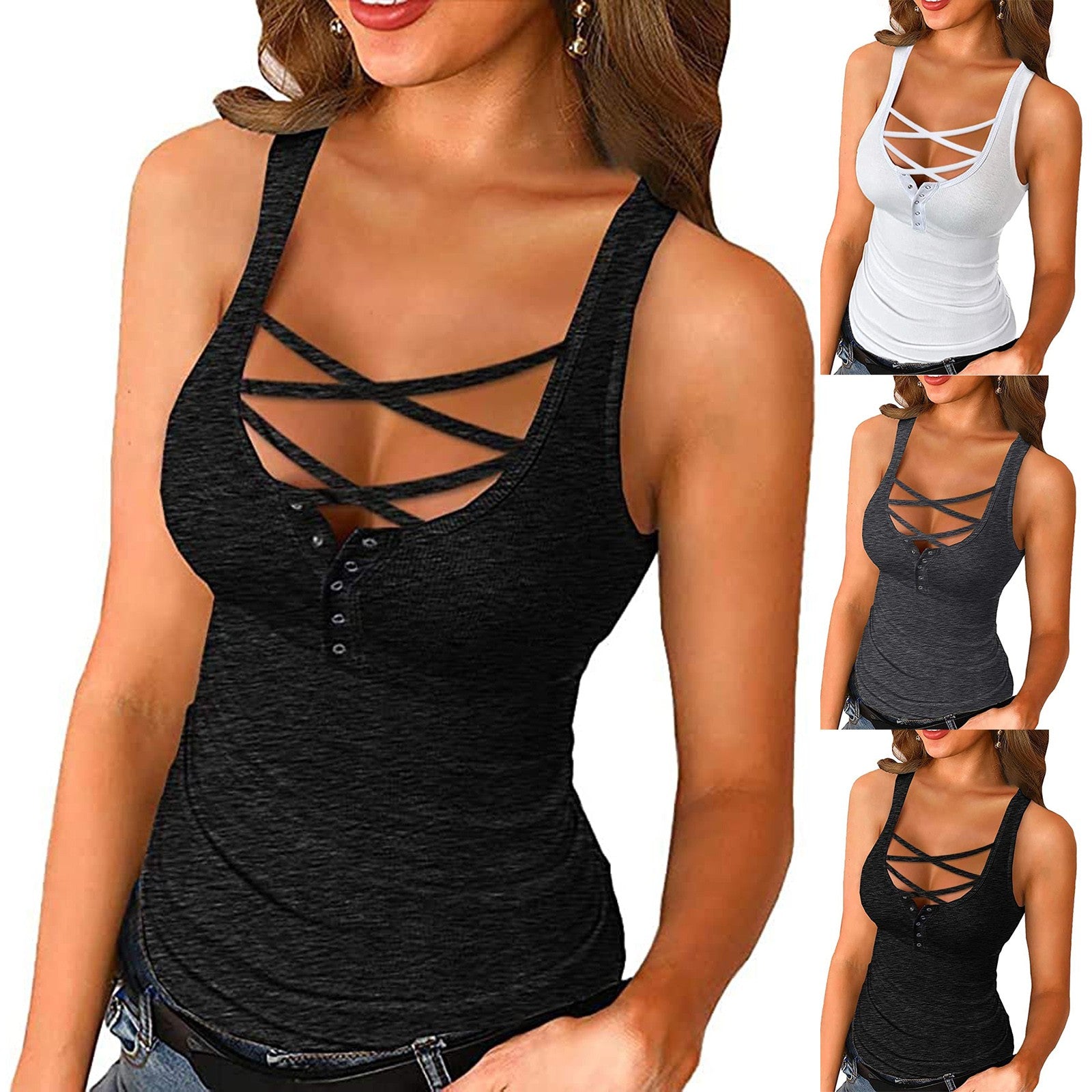 Womens Tank Tops Fashion Vintage Cross Sexy Summer Sleeveless Shirts Button Down Tank Tops Summer Sexy Y2K Solid Tank Tops 2021