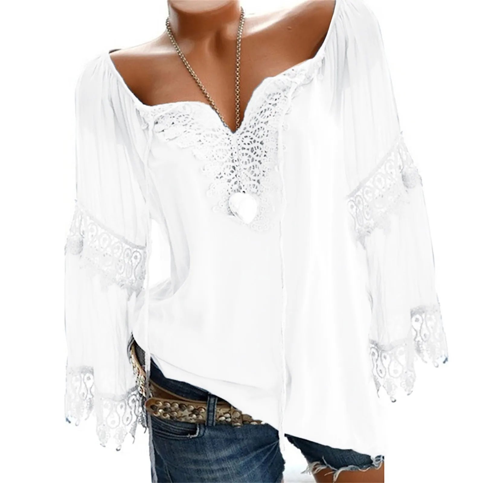 Women Fashion Blouses Off Shoulder Cotton Linen Lace Frenulum Sexy Long Sleeves Shirt New 2021 Autumn V-Neck Sleeve Blouses