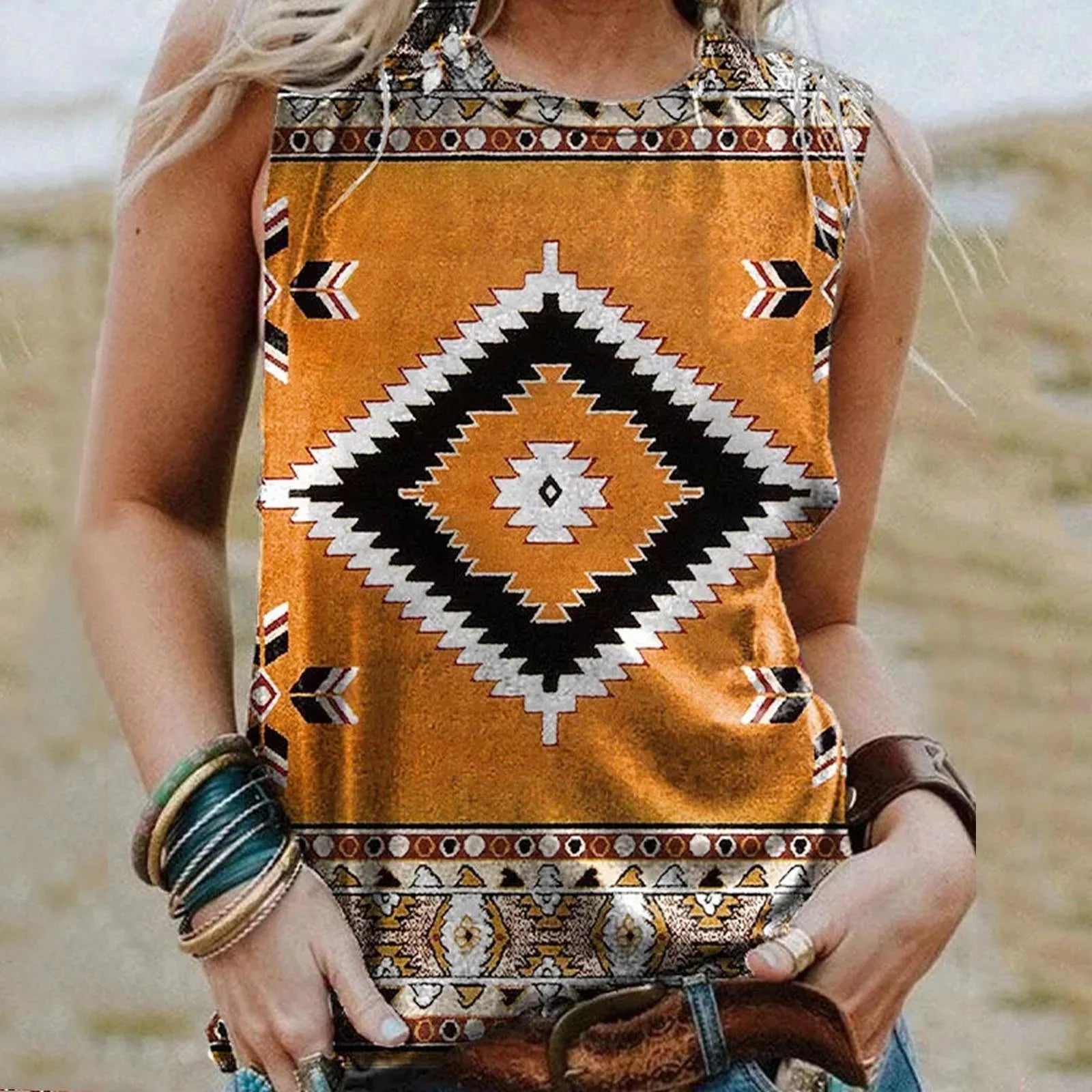 Vintage Women Casual Tank Tops Aztec Print Round Neck Shirts Summer Sleeveless Vest Tops Loose Splice T Shirts топ женский New