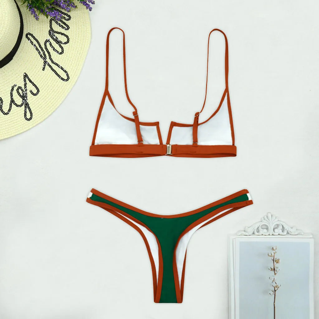 Vintage Micro Bikini Set Patchwork Swimsuit Brazilian Sexy Swimwear Female 2023 New Summer Colorblock V-bar Green Bathing Suits