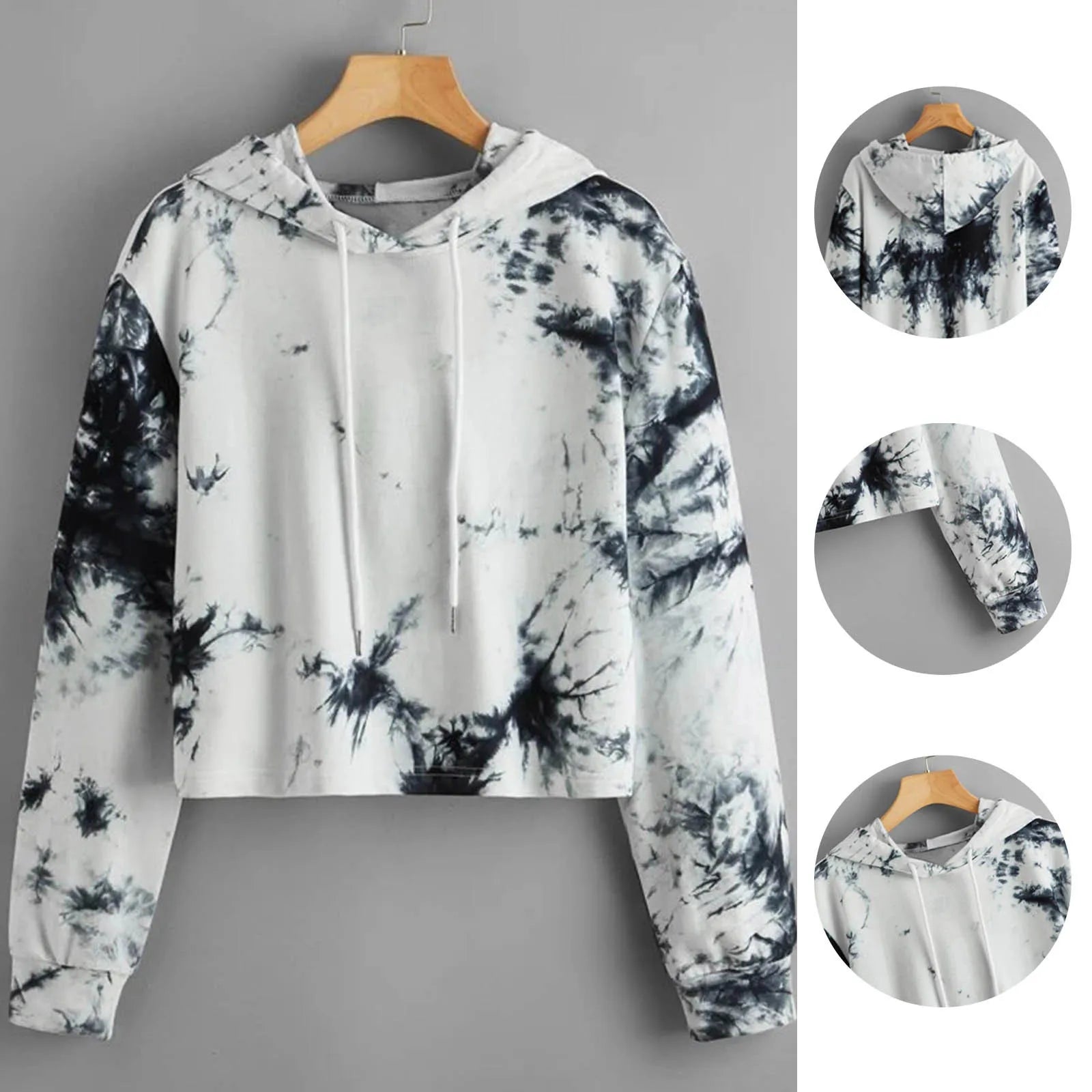 Tie-Dye Print Sweatshirt Fashion Women Autumn Warm Long Sleeve Hooded Crop Tops Drawstring Warm Hoodies Толстовка Женская 2021